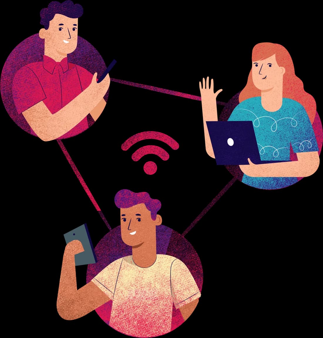 Personas conectadas entre sí desde el celular y el computador
